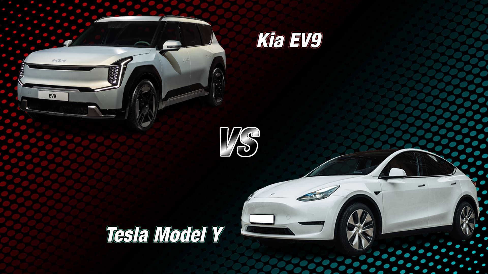 2026 Tesla Model Y next to 2026 Kia EV9